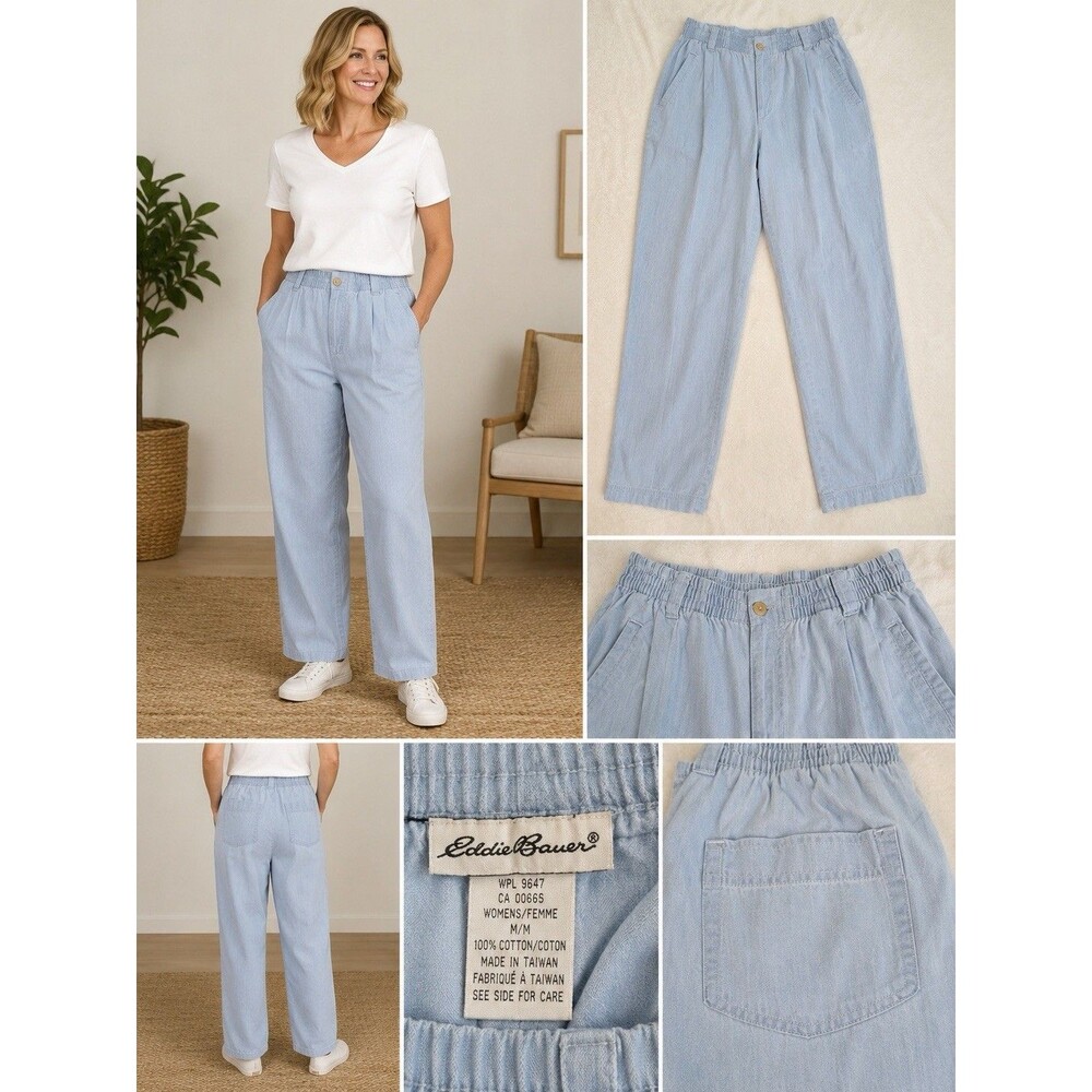 Eddie Bauer Women’s Medium Light Blue Elastic Waist Cotton Pants Relaxed Fit